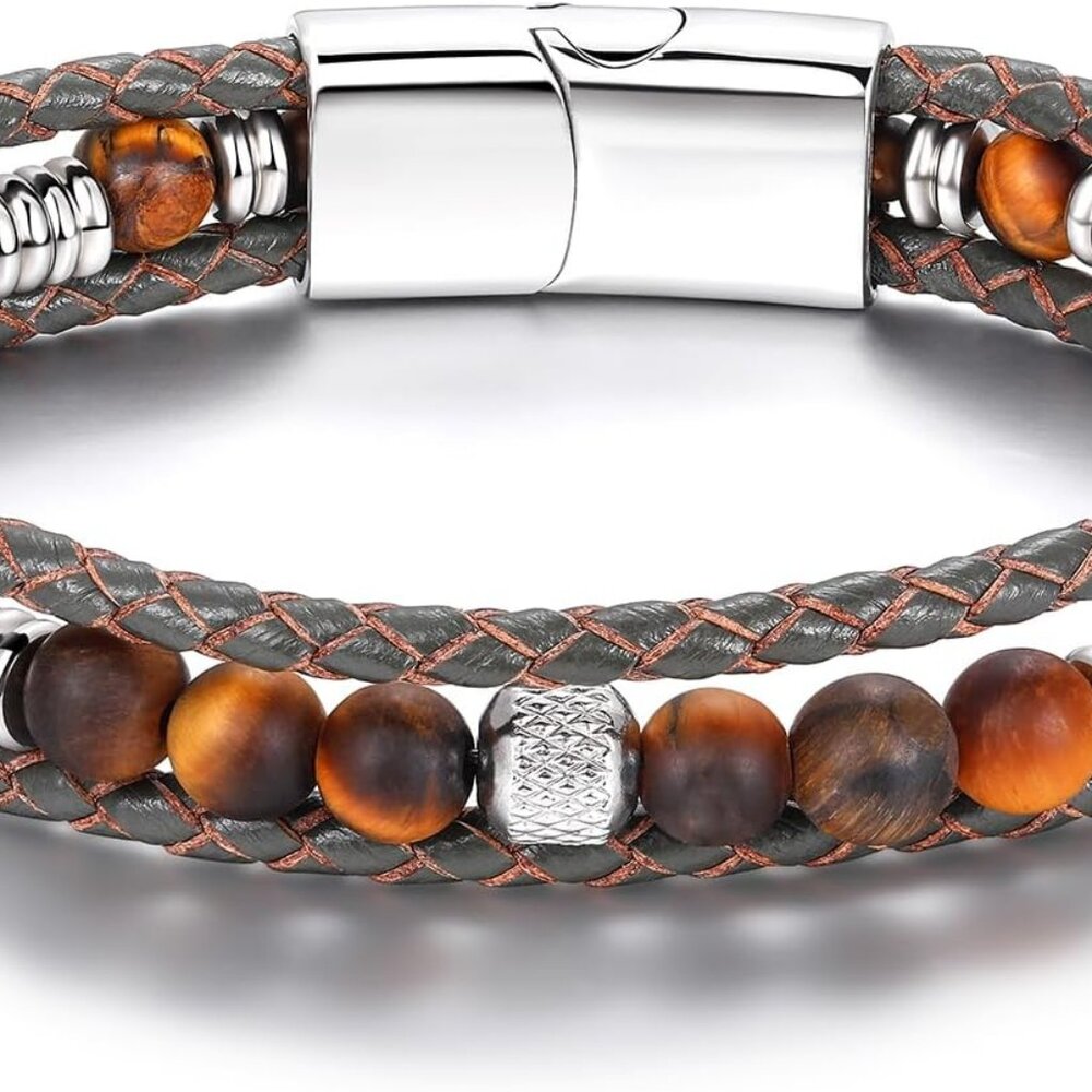Beaded Leather Bracelets for Men Braided Natural Tiger Eyes Mens Bracelet Brown